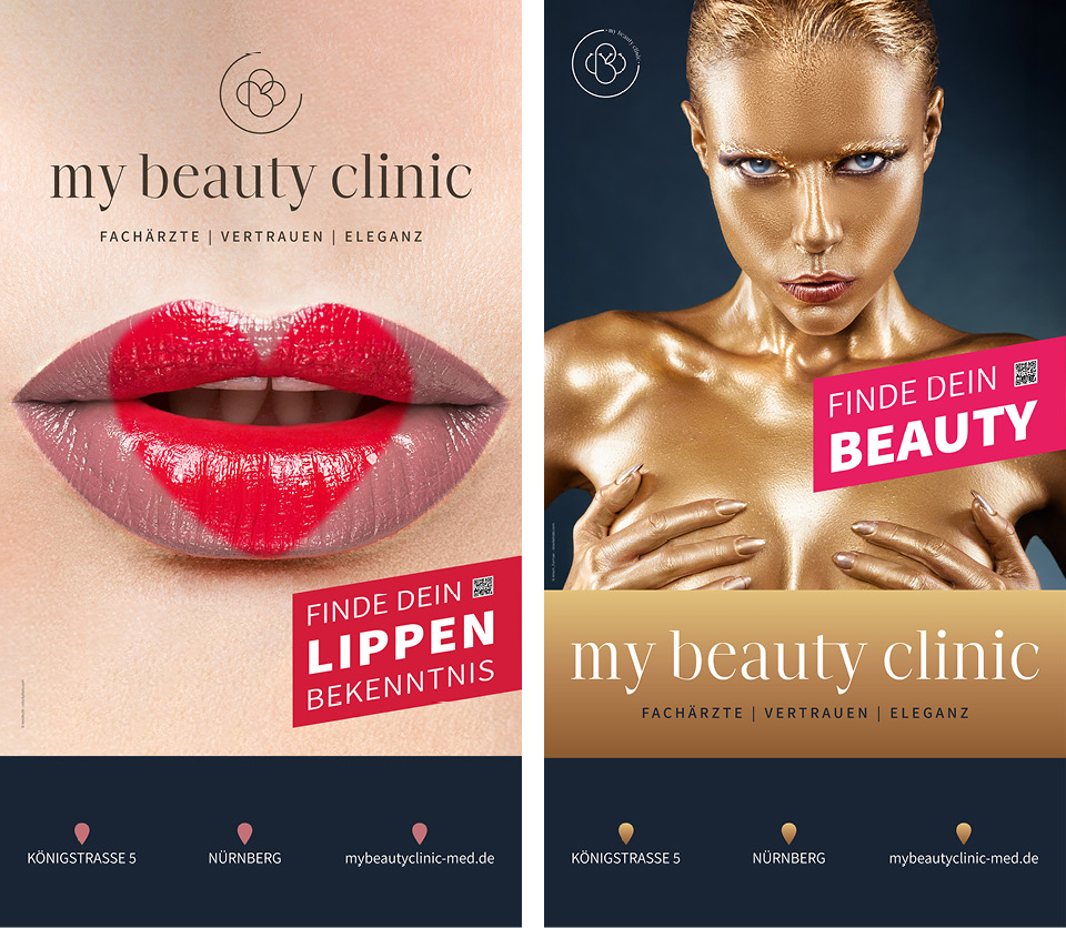 Motive der Außenwerbung zum Start der Nürnberger Schönheitsklinik „my beauty clinic“ im Herbst 2025.