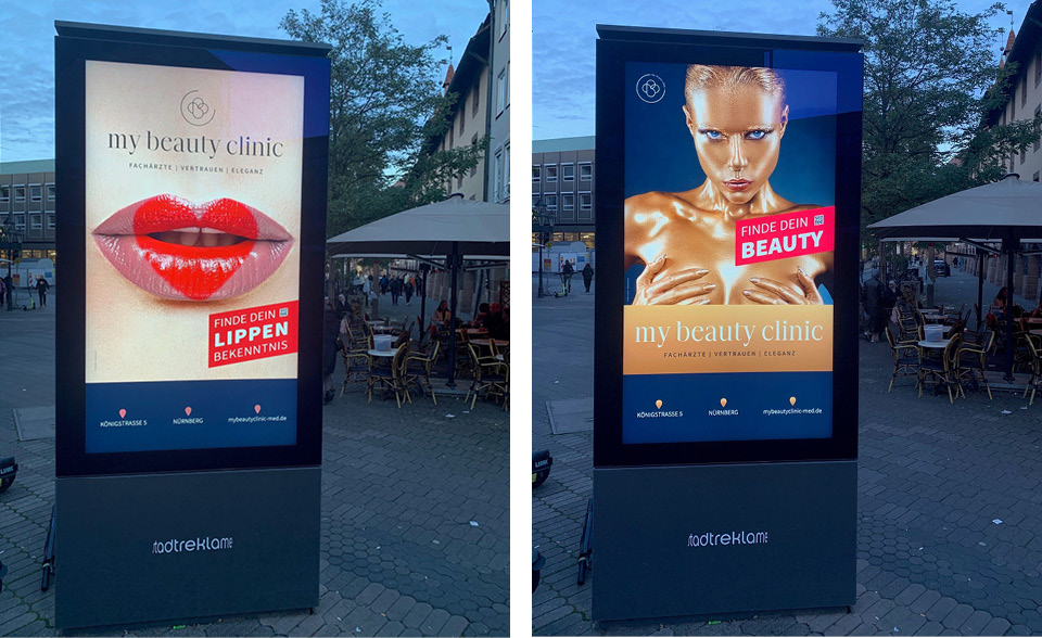 Motive der Außenwerbung zum Start der Nürnberger Schönheitsklinik „my beauty clinic“ im Herbst 2025.