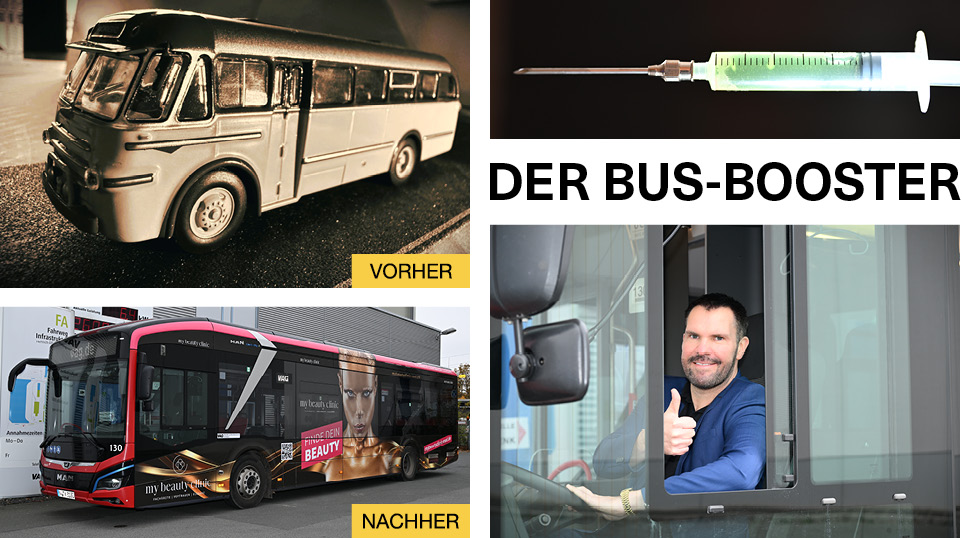 Macht mächtig Eindruck: die Bus-Vollfolierung für die „My Beauty Clinic“ in Nürnberg. Ein VAG-Bus wurde damit effektvoll verschönert.