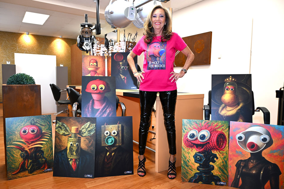 Friseurmeisterin Elisabeth Würz vom Haarstudio Elisabeth inmitten von einigen Kunstwerken des Künstlers Blacky von mococo, während der Bilderausstellung „exzellent unernst“ in Neumarkt.
