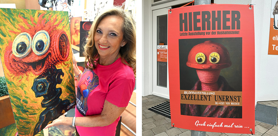Friseurmeisterin Elisabeth Würz vom Haarstudio Elisabeth inmitten von einigen Kunstwerken des Künstlers Blacky von mococo, während der Bilderausstellung „exzellent unernst“ in Neumarkt.